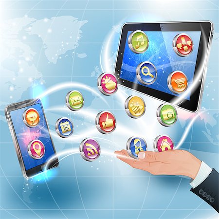 simsearch:400-06081205,k - Business Concepts. Hand with Application Icons for Smartphone and Tablet PC on Abstract Background Foto de stock - Royalty-Free Super Valor e Assinatura, Número: 400-07330823