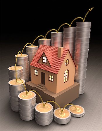 Small house surrounded by coins made â??â??of gold and silver forming a graph on the rise. Stock Photo - Budget Royalty-Free & Subscription, Code: 400-07330833