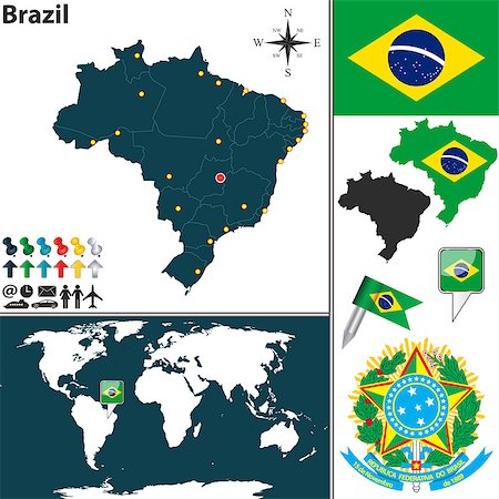 simsearch:400-08047080,k - Vector map of Brazil with regions, coat of arms and location on world map Stock Photo - Budget Royalty-Free & Subscription, Code: 400-07331044