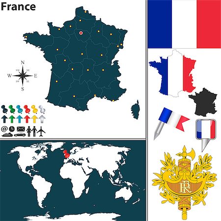 simsearch:400-07331049,k - Vector map of France with regions, coat of arms and location on world map Foto de stock - Super Valor sin royalties y Suscripción, Código: 400-07331047