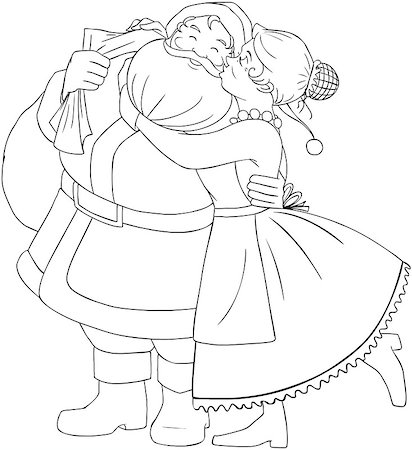 Vector illustration coloring page of Mrs Claus kisses Santa on cheek and hugs him for christmas. Photographie de stock - Aubaine LD & Abonnement, Code: 400-07332397