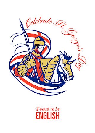 simsearch:400-05238383,k - Poster greeting card Illustration of knight in full armor riding a horse armed with lance with England English flag in background done in retro style with words Celebrate St. George's Day Proud to Be English. Stock Photo - Budget Royalty-Free & Subscription, Code: 400-07332499