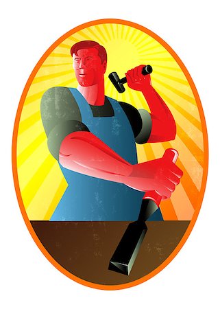 sculptor chisel man - Illustration of a carpenter holding hammer and striking at chisel done in retro style. Stock Photo - Budget Royalty-Free & Subscription, Code: 400-07332490