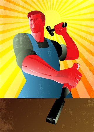 sculptor chisel man - Poster illustration of a carpenter holding hammer and striking at chisel done in retro style. Stock Photo - Budget Royalty-Free & Subscription, Code: 400-07332491