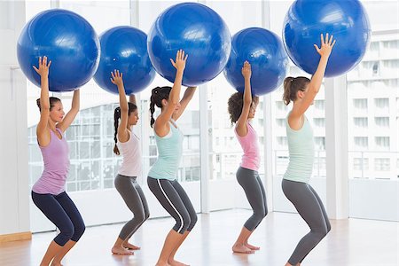 Full length side view of fit young women holding blue fitness balls in exercise room Stock Photo - Budget Royalty-Free & Subscription, Code: 400-07333329