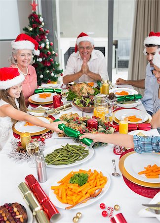 simsearch:649-06812720,k - Cheerful family at dining table for christmas dinner in the house Photographie de stock - Aubaine LD & Abonnement, Code: 400-07333682