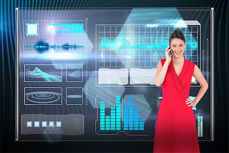 simsearch:400-07189587,k - Cheerful elegant brunette in red dress on the phone posing against shiny hexagons on black background Stockbilder - Microstock & Abonnement, Bildnummer: 400-07344323