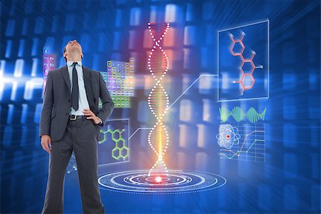 dna and businessman - Happy businessman with hand on hip against glowing squares on blue background Stock Photo - Budget Royalty-Free & Subscription, Code: 400-07344551