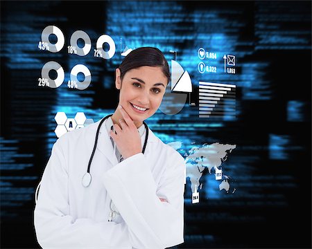 simsearch:400-07344883,k - Smiling female doctor in thinkers pose against blue blurred texts Stock Photo - Budget Royalty-Free & Subscription, Code: 400-07344879
