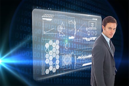 simsearch:400-07341391,k - Serious handsome businessman standing against glowing binary code on black background Foto de stock - Super Valor sin royalties y Suscripción, Código: 400-07345005