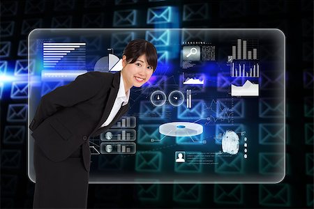 simsearch:614-02985267,k - Smiling businesswoman bending against glowing envelopes on black background Stockbilder - Microstock & Abonnement, Bildnummer: 400-07345095