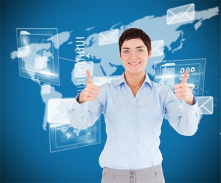 simsearch:400-07343378,k - Businesswoman with the thumbs up against world map with envelopes Photographie de stock - Aubaine LD & Abonnement, Code: 400-07345392