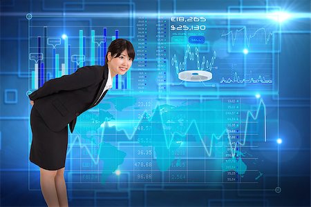 simsearch:400-07721096,k - Smiling businesswoman bending against black background with shiny squares Stockbilder - Microstock & Abonnement, Bildnummer: 400-07345454