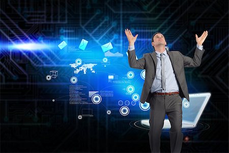 simsearch:400-07344883,k - Businessman posing with arms raised against futuristic black and blue background Stock Photo - Budget Royalty-Free & Subscription, Code: 400-07345521