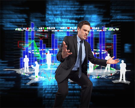 simsearch:400-07344883,k - Businessman posing with arms outstretched against blue blurred texts Stock Photo - Budget Royalty-Free & Subscription, Code: 400-07345597