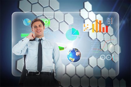 simsearch:400-07343378,k - Smiling businessman holding his jacket against technological background with hexagons Photographie de stock - Aubaine LD & Abonnement, Code: 400-07345690