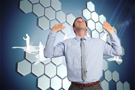 simsearch:400-07344883,k - Businessman standing with arms pressing up against technological background with hexagons Stock Photo - Budget Royalty-Free & Subscription, Code: 400-07345779