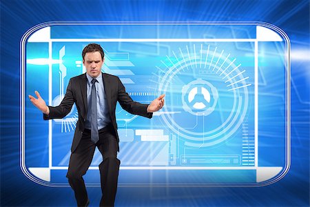 simsearch:400-07346336,k - Businessman posing with arms outstretched against background with glowing squares Stock Photo - Budget Royalty-Free & Subscription, Code: 400-07345842