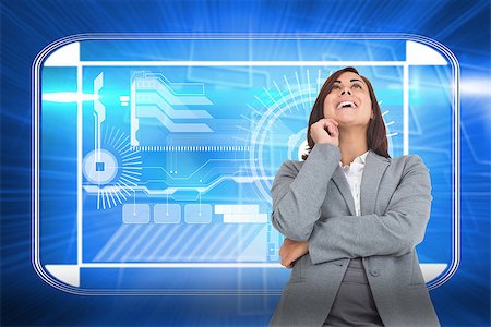 simsearch:400-07346336,k - Smiling thoughtful businesswoman against background with glowing squares Stock Photo - Budget Royalty-Free & Subscription, Code: 400-07345843