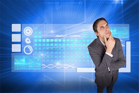 simsearch:400-07346336,k - Thinking businessman touching his chin against glowing background with squares Stock Photo - Budget Royalty-Free & Subscription, Code: 400-07345851