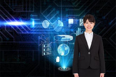 simsearch:400-07721096,k - Smiling businesswoman against futuristic black and blue background Stockbilder - Microstock & Abonnement, Bildnummer: 400-07345940