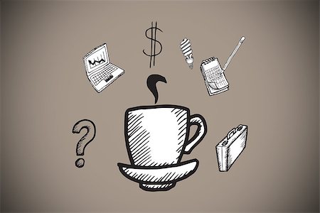 simsearch:400-07333411,k - Cup of coffee doodle with business icons against grey background with vignette Stock Photo - Budget Royalty-Free & Subscription, Code: 400-07346768