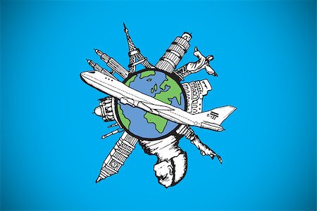 simsearch:400-07347006,k - Landmarks of the world with airplane doodle against blue background with vignette Fotografie stock - Microstock e Abbonamento, Codice: 400-07347016