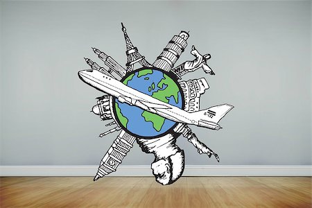 simsearch:400-07347006,k - Landmarks of the world with airplane doodle against room with wooden floor Fotografie stock - Microstock e Abbonamento, Codice: 400-07347907