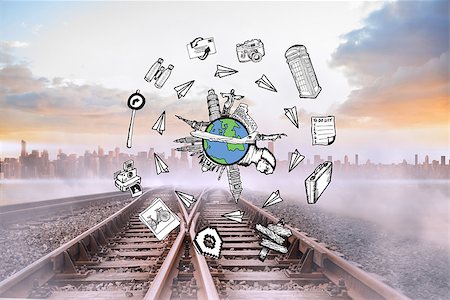 simsearch:400-07446838,k - Landmarks of the world doodle against train tracks leading to misty city on the horizon Photographie de stock - Aubaine LD & Abonnement, Code: 400-07347948