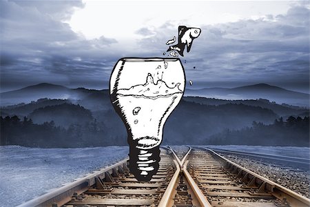 simsearch:400-07446838,k - Fish jumping out of light bulb bowl against train tracks leading to misty mountains Photographie de stock - Aubaine LD & Abonnement, Code: 400-07347949