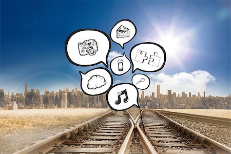 simsearch:400-07446838,k - Speech bubbles with app icons against train tracks leading to city under blue sky Photographie de stock - Aubaine LD & Abonnement, Code: 400-07347976