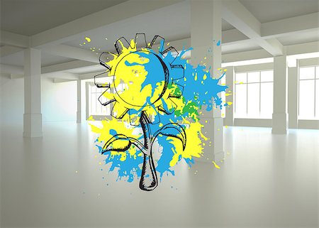 simsearch:400-05677233,k - Sunflower on paint splashes against white room with windows Stock Photo - Budget Royalty-Free & Subscription, Code: 400-07348034