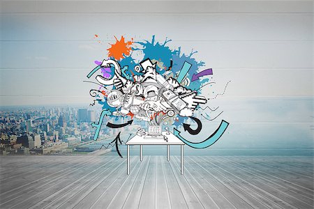 simsearch:400-05677233,k - Computer icons and arrows on paint splashes against city scene in a room Stock Photo - Budget Royalty-Free & Subscription, Code: 400-07348085