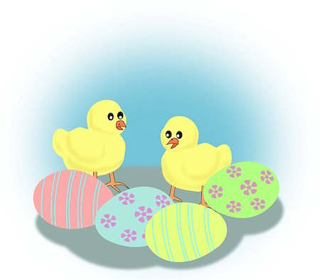 simsearch:400-04348779,k - Two small chickens looks at some Easter eggs. Fotografie stock - Microstock e Abbonamento, Codice: 400-07348128