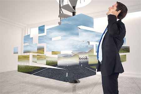 person on winding stairs - Thinking businessman scratching head against digitally generated room with winding staircase Stock Photo - Budget Royalty-Free & Subscription, Code: 400-07340295