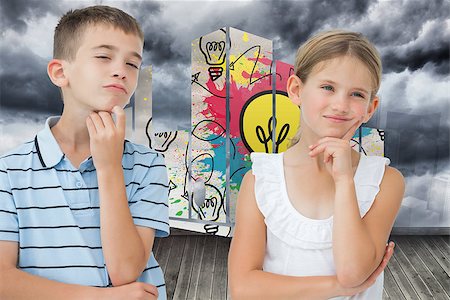 futuristic boy kid - Thoughtful brother and sister posing together against sky painted on wall Stock Photo - Budget Royalty-Free & Subscription, Code: 400-07340307