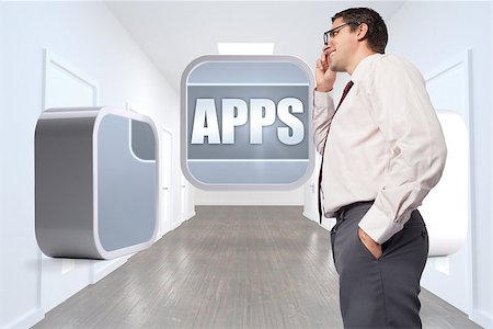 Thinking businessman touching his glasses against bright hallway with several doors Stock Photo - Budget Royalty-Free & Subscription, Code: 400-07340623