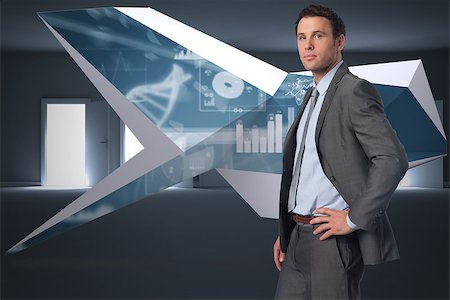 simsearch:400-08380053,k - Serious businessman with hand on hip against many doors opening revealing light Stockbilder - Microstock & Abonnement, Bildnummer: 400-07340672