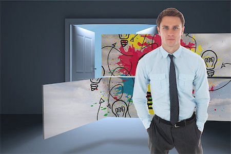 simsearch:400-08380053,k - Serious businessman with hands in pockets against door opening in dark room to show sky Stockbilder - Microstock & Abonnement, Bildnummer: 400-07340945