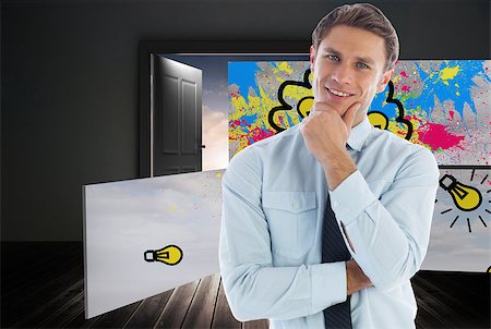 simsearch:400-06882578,k - Thinking businessman with hand on chin against doors opening to reveal beautiful sky Stock Photo - Budget Royalty-Free & Subscription, Code: 400-07340951