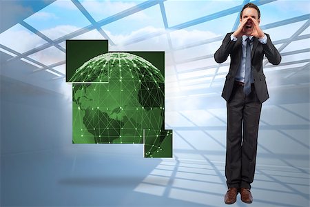 simsearch:400-07277781,k - Shouting businessman against room with holographic cloud Stock Photo - Budget Royalty-Free & Subscription, Code: 400-07341124
