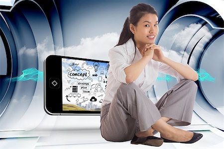 simsearch:400-07512624,k - Smiling businesswoman sitting with hands together against abstract blue cloud design in futuristic structure Foto de stock - Super Valor sin royalties y Suscripción, Código: 400-07341358