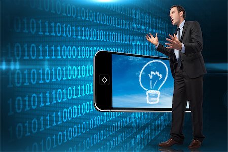 simsearch:400-07341391,k - Stressed businessman gesturing against shiny blue binary code on black background Foto de stock - Super Valor sin royalties y Suscripción, Código: 400-07341391