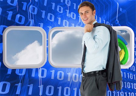 simsearch:400-07341391,k - Smiling businessman holding his jacket against binary code on blue circuit board Foto de stock - Super Valor sin royalties y Suscripción, Código: 400-07341899