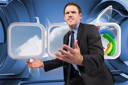simsearch:400-07344883,k - Businessman posing with arms out against abstract linear design in blue and white Stock Photo - Budget Royalty-Free & Subscription, Code: 400-07341908