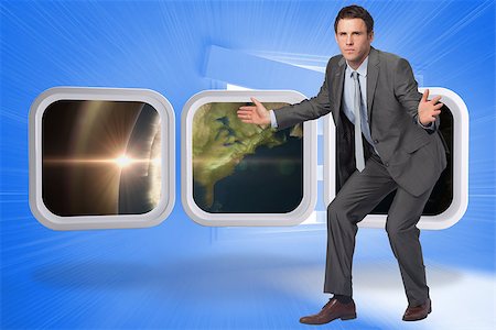 simsearch:400-07344883,k - Businessman standing with arms out against bright blue room with bordered up window Stock Photo - Budget Royalty-Free & Subscription, Code: 400-07341940