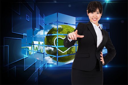 simsearch:400-07721096,k - Smiling businesswoman pointing against black background with shiny squares Stockbilder - Microstock & Abonnement, Bildnummer: 400-07341958