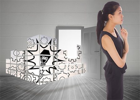 simsearch:400-06882578,k - Thoughtful businesswoman against open door on white wall Stock Photo - Budget Royalty-Free & Subscription, Code: 400-07342044