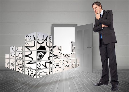 simsearch:400-08380053,k - Thinking businessman touching chin against open door on white wall Stockbilder - Microstock & Abonnement, Bildnummer: 400-07342050