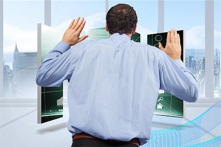 simsearch:400-07344883,k - Businessman posing with arms raised against blue wave design in a room Stock Photo - Budget Royalty-Free & Subscription, Code: 400-07342088